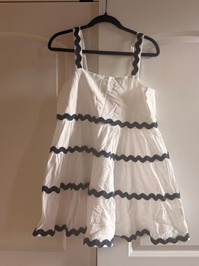 White Mini Dress with navy Scallop Trim